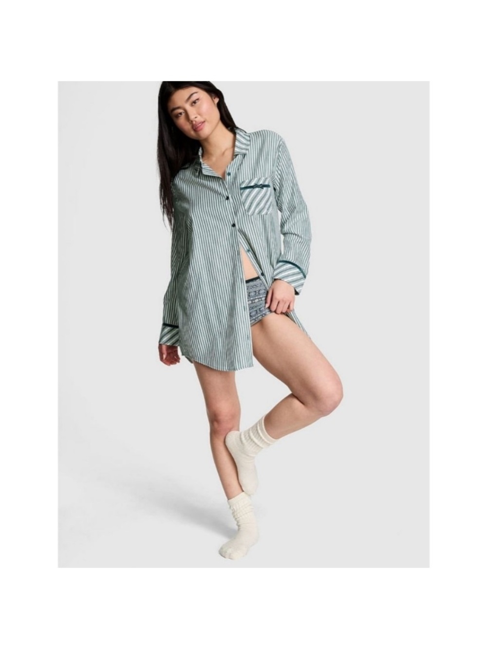 PINK Victoria's Secret Green Striped Flannel Velvet-Trim Sleepshirt